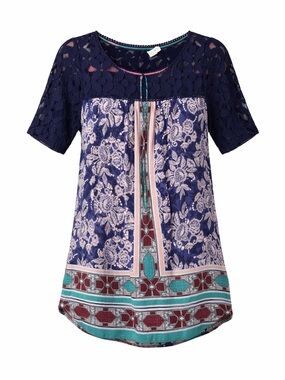 Akemi + Kin Anthropologie Boho Lace Yoke Floral Navy Tunic Top Size Medium